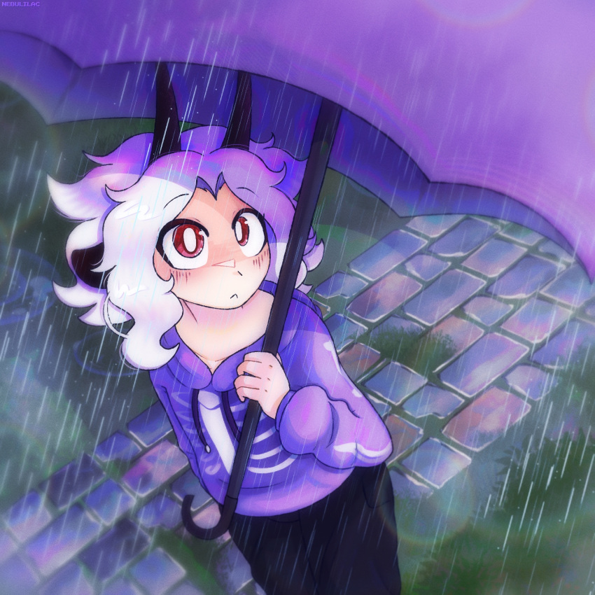 1boy, :<, :3, animal_ears, black_pants, blush_stickers, brick_road, commentary
