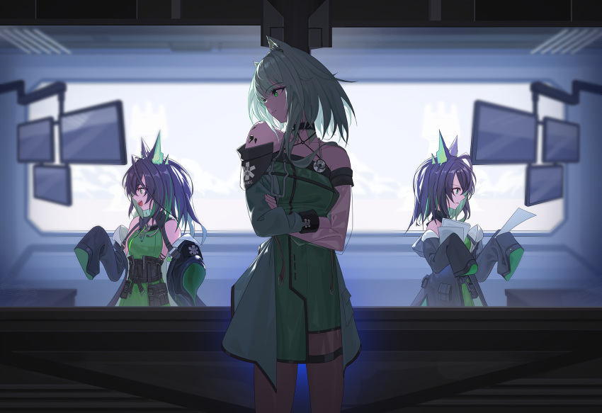 3girls, animal_ears, arknights, asymmetrical_sleeves, bare_shoulders, black_hair, black_jacket, cat_ears