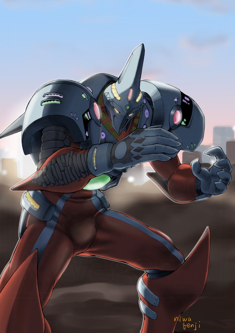 armor, choukou_senki_kikaiou, commentary_request, day, feet_out_of_frame, fighting_stance, legs_apart, looking_at_viewer, mecha, mecha_focus, moukin_punch, no_humans, outdoors, pauldrons, pulsion, robot, shoulder_armor, signature, skyline, solo, standing, yellow_eyes