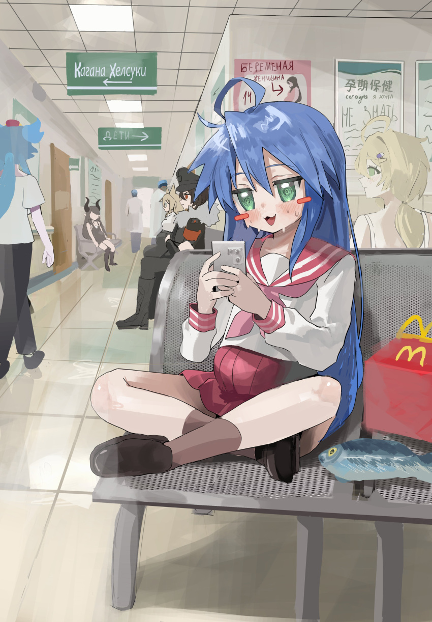 2boys, 6+girls, absurdres, black_hair, blonde_hair, blue_hair, blush, bow