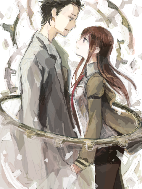 1girl, black_hair, black_legwear, brown_hair, couple, eye_contact, height_difference, jacket