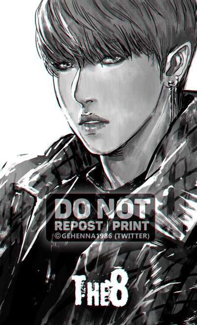 1boy, artist_name_(singer), blunt_bangs, commentary, earrings, eyeshadow, gehenna1986, greyscale
