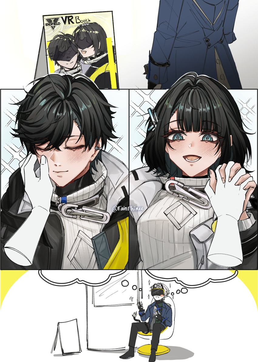 1girl, 2boys, absurdres, ardashir_(arknights), arknights, arknights:_endfield, black_hair, blue_eyes, blush, chair, commentary, diamond-shaped_pupils, diamond_(shape), endministrator_(arknights), english_commentary, female_endministrator_(arknights), hand_on_another's_face, head-mounted_display, highres, holding_hands, jacket, male_endministrator_(arknights), multiple_boys, nanaj_(rainrhinee), short_hair, symbol-shaped_pupils, white_hair