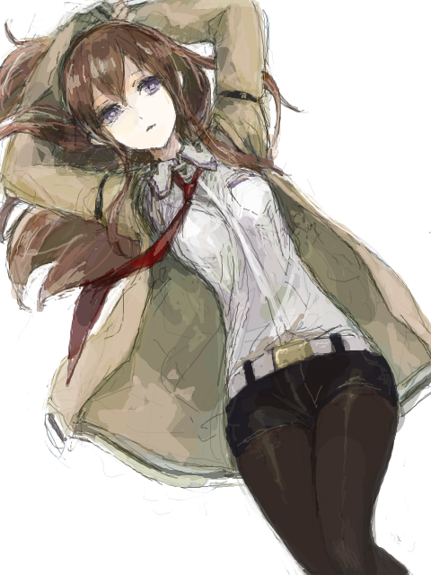 belt, black_eyes, black_legwear, brown_hair, jacket, kuromu_(kaeru), legwear_under_shorts, long_hair
