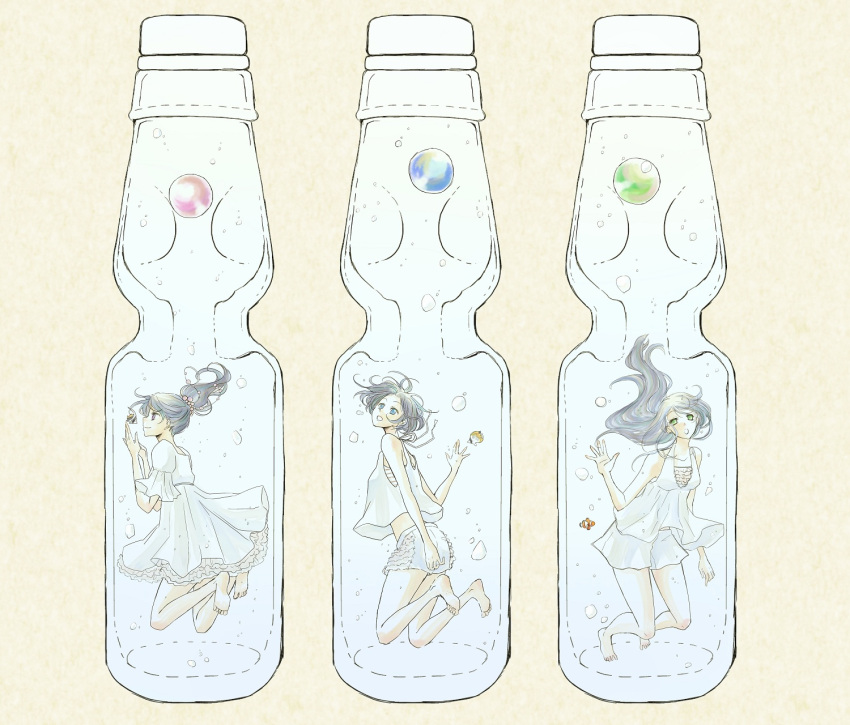 black_hair, bottle, bubble, dress, fish, floating, highres, kashiyuka