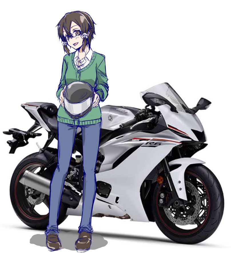 1girl, :d, asada_shino, asagi501, black-framed_eyewear, black_helmet, blue_pants, breasts