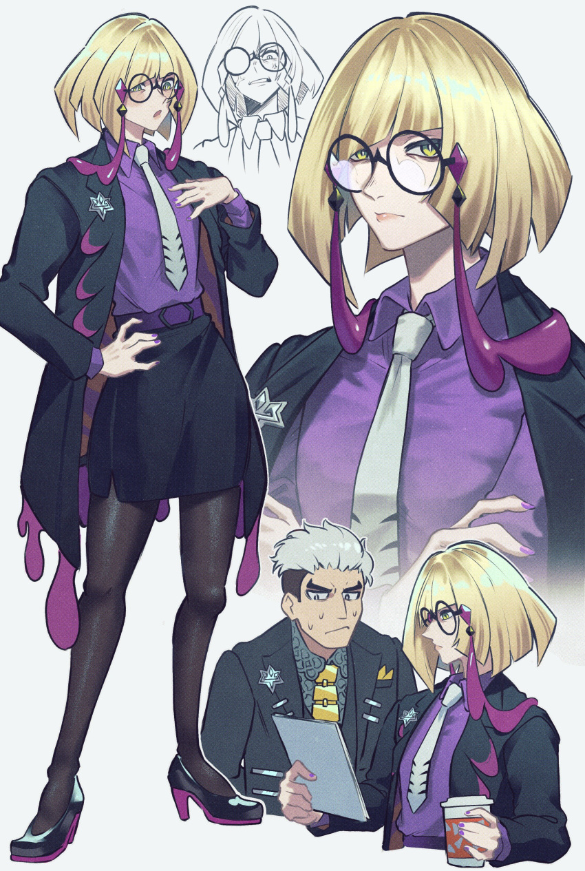 1boy, 1girl, absurdres, alternate_costume, andrich_galam, black-framed_eyewear, black_hair, black_jacket