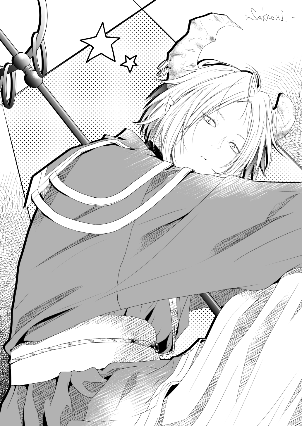 1boy, broken_horn, closed_mouth, commentary_request, demon, demon_boy, demon_horns, greyscale