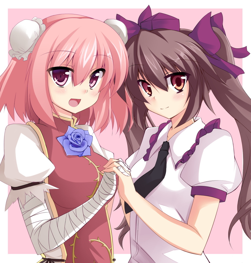 bandage, bandages, bow, brown_hair, bun_cover, chinese_clothes, double_bun, flower