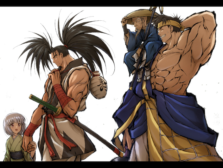 1girl, 3boys, abs, ajirogasa, arm_behind_head, arm_out_of_sleeve, bandana, beard_stubble