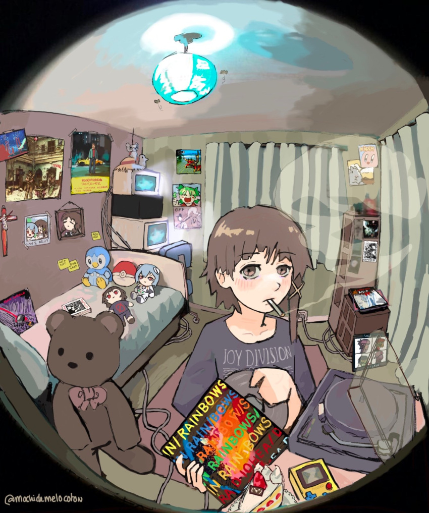 aaiikk0o, ayanami_rei, bed, bedroom, brown_eyes, brown_hair, cake, chair