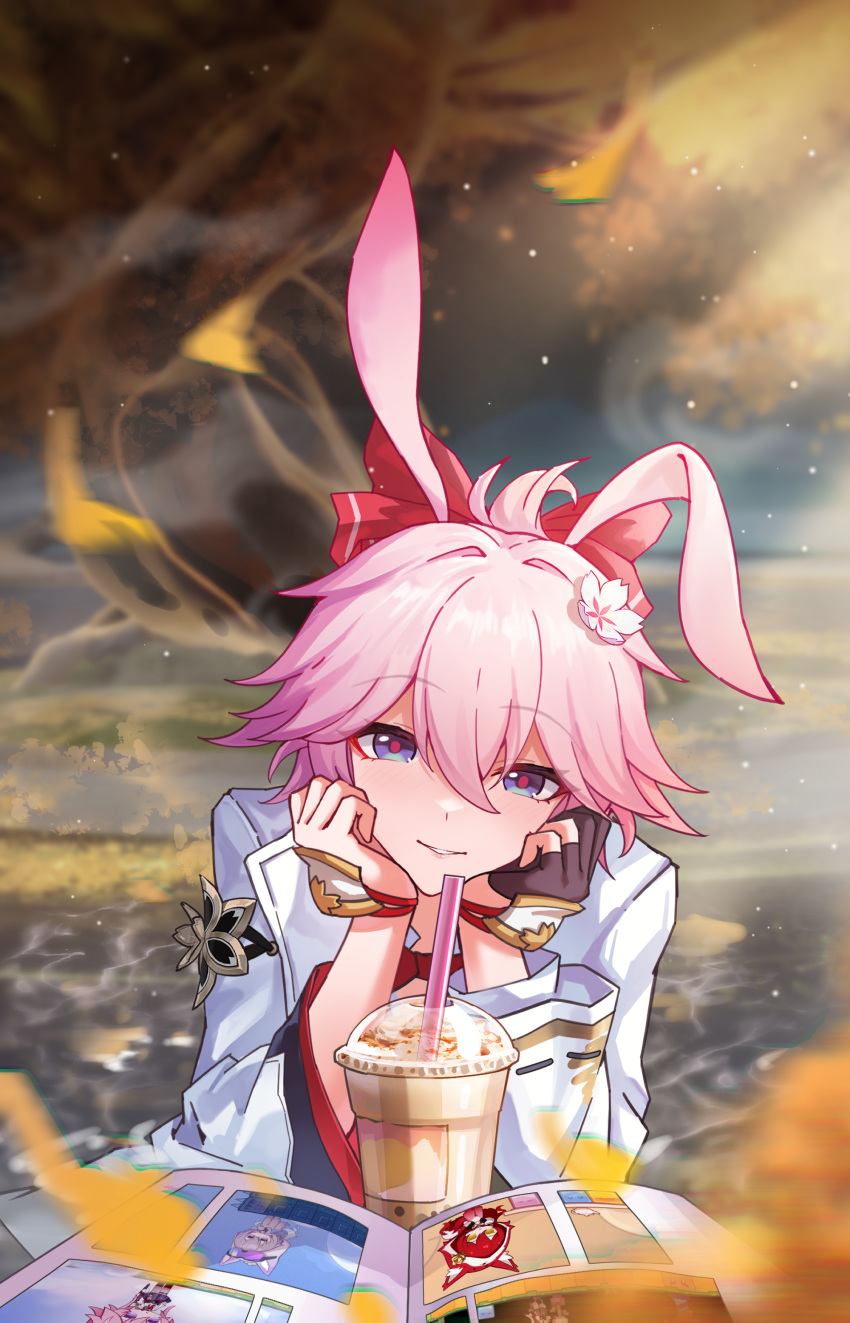 1girl, absurdres, animal_ears, black_gloves, bubble_tea, chinese_commentary, commentary_request, cup