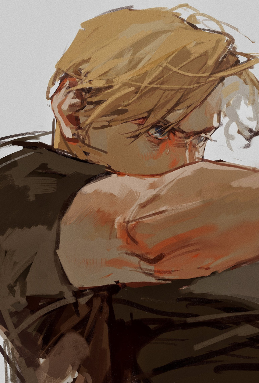 1boy, blonde_hair, blue_eyes, chinese_commentary, commentary_request, curtained_hair, fine_art_parody, furrowed_brow