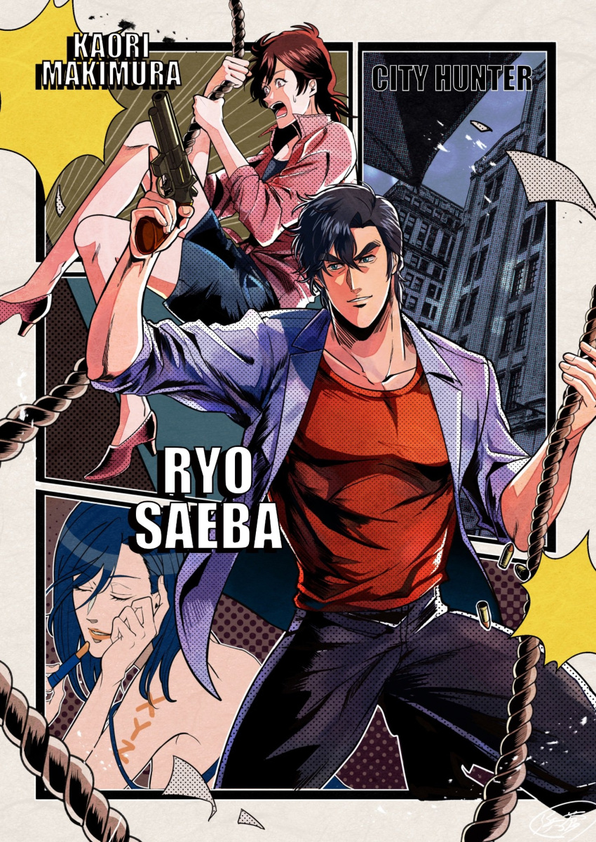 1boy, 2girls, black_hair, blue_eyes, blue_hair, blue_jacket, city_hunter, closed_eyes