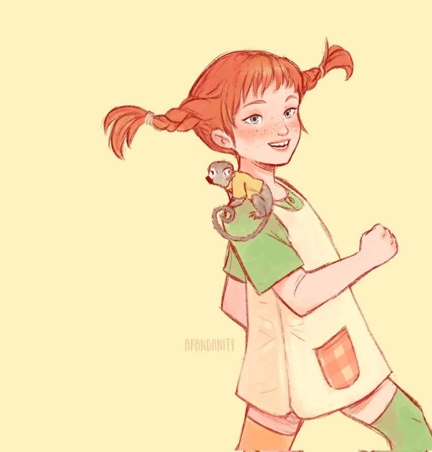 1girl, animal_on_shoulder, arandanity, blue_eyes, braid, braided_twintails, clenched_hand, commentary, dress, freckles, green_thighhighs, hair_tie, highres, monkey, mr._neilson, orange_hair, orange_thighhighs, pippi_longstocking, pippi_longstocking_(series), profile, shirt, short_bangs, simple_background, smile, thigh-highs, yellow_shirt