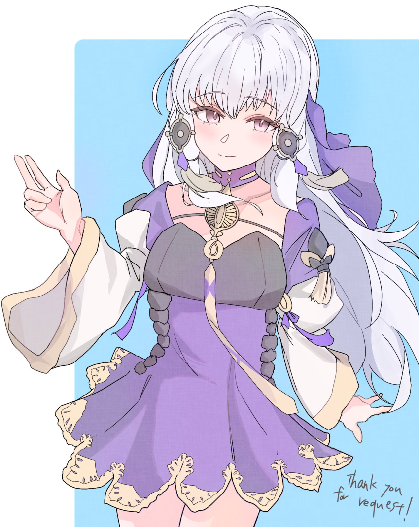 1girl, alternate_eye_color, black_bodice, blue_background, choker, collarbone, commentary_request, dress