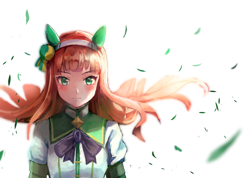 1girl, animal_ears, aoniyoshi, black_bow, blunt_bangs, blush, bow, closed_mouth, commentary_request, ear_covers, grass, green_eyes, green_sailor_collar, green_sleeves, hairband, highres, hime_cut, horse_ears, horse_girl, long_hair, long_sleeves, looking_at_viewer, orange_hair, sailor_collar, silence_suzuka_(innocent_silence)_(umamusume), silence_suzuka_(umamusume), simple_background, solo, umamusume, upper_body, white_background, white_hairband