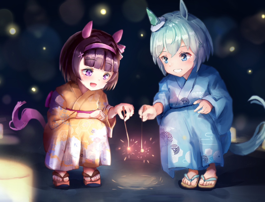 2girls, animal_ears, aoniyoshi, blue_eyes, blue_kimono, blunt_bangs, blush, brown_hair