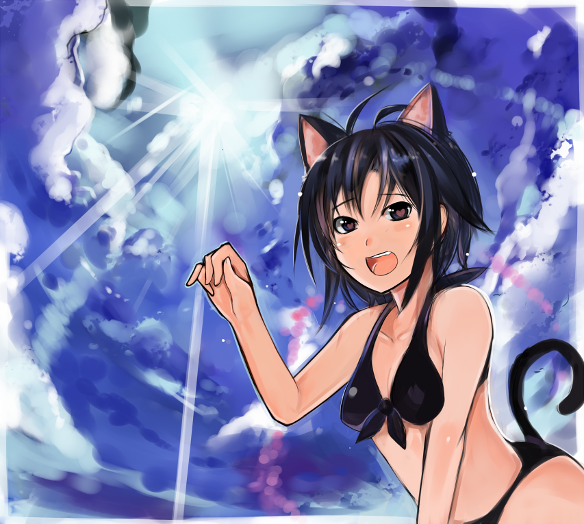 animal_ears, bikini, black_hair, breasts, cat_ears, cat_pose, cleavage, cloud