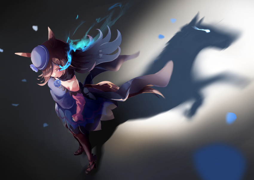 1girl, animal_ears, aoniyoshi, bare_shoulders, black_shoes, black_thighhighs, blue_dress, blue_flower