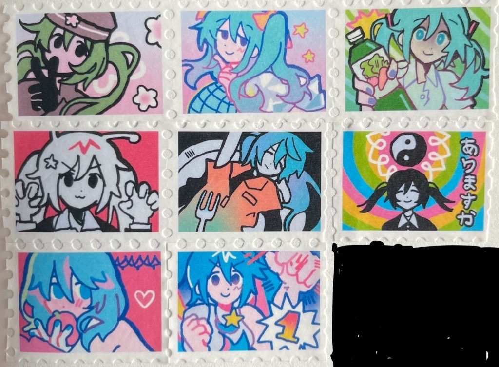alien_alien_(vocaloid), alternate_costume, apple, aqua_eyes, bitter_choco_decoration_(vocaloid), blue_hair, cherry_blossoms, food, fork, fruit, green_hair, hatsune_miku, hatsune_miku_(ichi_no_sakura_oka), heart, holding, holding_food, holding_fruit, melps, naizou_arimasuka_(vocaloid), poppippoo_(vocaloid), postage_stamp_(medium), romeo_to_cinderella_(vocaloid), senbonzakura_(vocaloid), song_request, star_(symbol), vegetable_juice, vocaloid, world_is_mine_(vocaloid), yin_yang