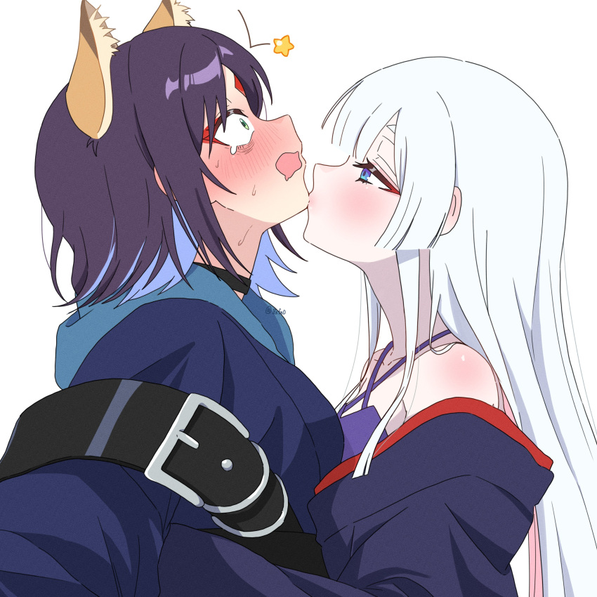 2girls, 8xfn0, absurdres, animal_ear_fluff, animal_ears, bare_shoulders, black_choker, black_hair