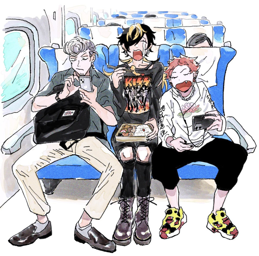 3boys, 4others, :/, aimono_jyushi, airplane_interior, amaguni_hitoya, backpack, bad_ass_temple