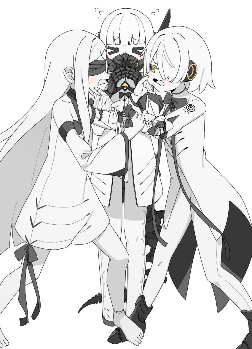 >_<, 3girls, absurdres, ame_miya_ta, barefoot, black_shoes, blindfold, blue_archive