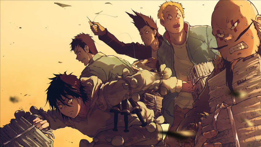 5boys, bald, bear, blonde_hair, blue_coat, clenched_teeth, coat, commentary_request