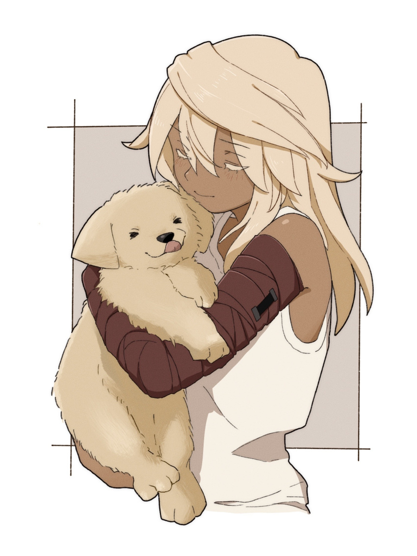 1girl, animal, baby_animal, bandaged_arm, bandages, blonde_hair, border, closed_eyes, colored_eyelashes, commentary, dark-skinned_female, dark_skin, dog, guilty_gear, guilty_gear_strive, highres, holding, holding_animal, holding_dog, licking_nose, long_hair, magehound, puppy, ramlethal_valentine, smile, solo, tank_top, tongue, tongue_out, white_border, white_tank_top, yano_(edbr1022)