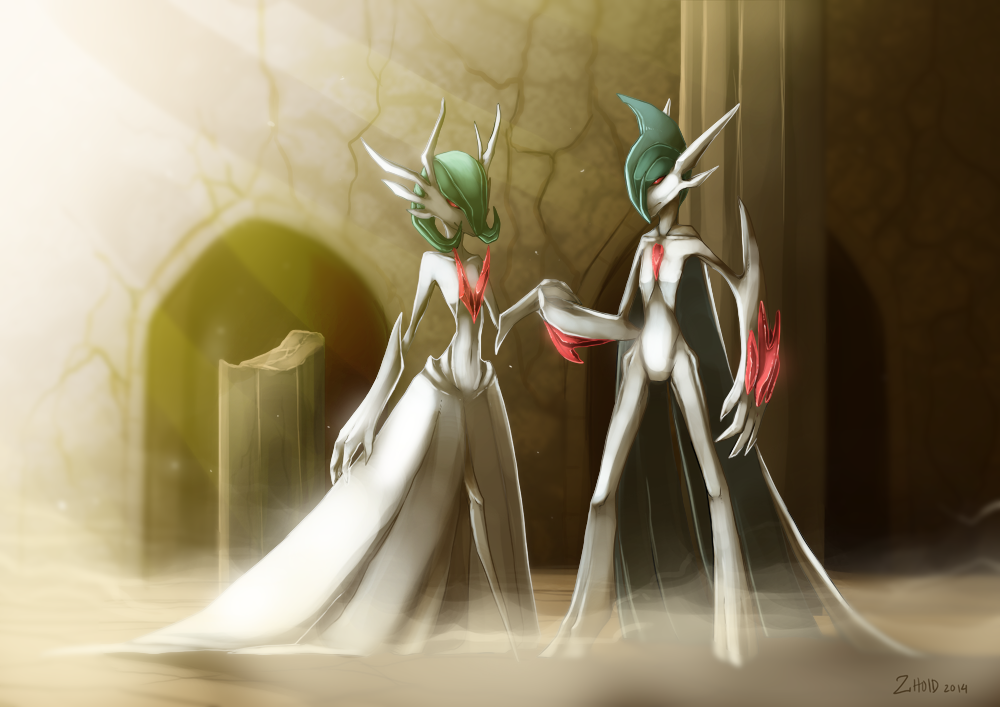 2others, alien, arm_blade, arm_warmers, artist_name, bob_cut, broken_pillar, broken_wall, cape, claws, dappled_sunlight, dress, dust, evening, facing_another, gallade, gardevoir, green_hat, hair_between_eyes, hat, holding_hands, indoors, light_rays, looking_at_another, mega_gallade, mega_gardevoir, mega_pokemon, mohawk, multiple_others, pillar, pokemon, pokemon_(creature), pokemon_focus, red_eyes, skirt, sunlight, weapon, white_arm_warmers, white_cape, white_dress, white_skirt, zhoid_3.0