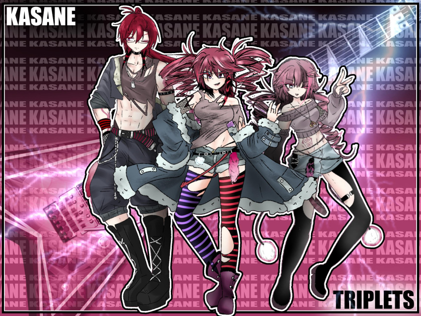 1boy, 2girls, abs, alternate_costume, asymmetrical_legwear, belt, black_boots, boots