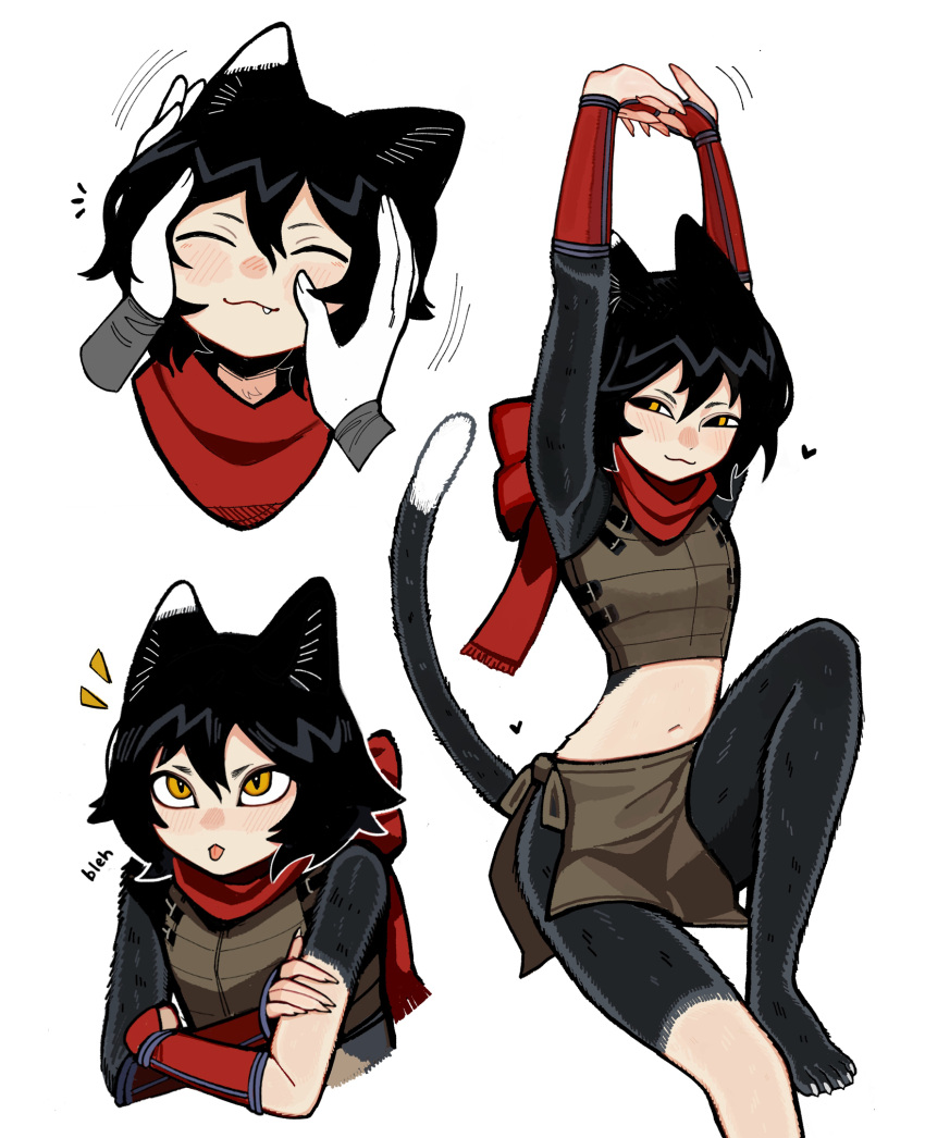 1girl, 1other, :3, ^_^, animal_ears, black_hair, cat_ears, cat_girl, cat_tail, closed_eyes, dungeon_meshi, fizzeru, highres, izutsumi, knee_up, looking_at_viewer, midriff, multiple_views, navel, red_scarf, scarf, short_hair, simple_background, sitting, stretching, tail, upper_body, white_background, yellow_eyes