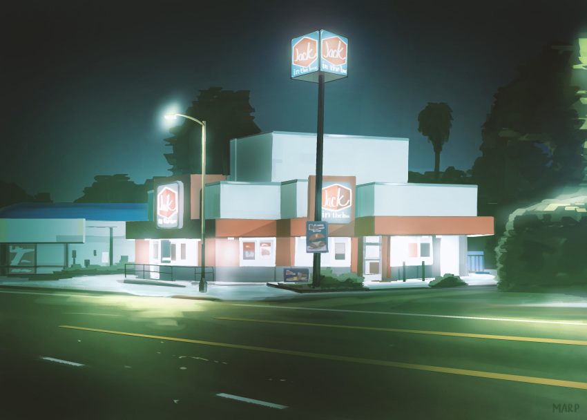 absurdres, artist_name, building, highres, jack_in_the_box_(restaurant), lamppost, marpaparp, night, no_humans, original, outdoors, restaurant, road, scenery, street, tree, window