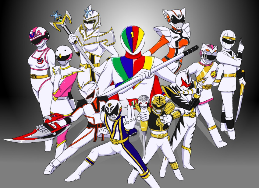 5boys, 6+girls, abare_killer, am-atlas, bakuryuu_sentai_abaranger, belt, big_one, change_mermaid, choujin_sentai_jetman, dagger, deka_break, deka_swan, dengeki_sentai_changeman, gao_white, geki_chopper, gosei_sentai_dairanger, helmet, hyakujuu_sentai_gaoranger, jakq_dengekitai, juuken_sentai_gekiranger, kiba_ranger, magi_mother, mahou_sentai_magiranger, multiple_boys, multiple_girls, ninja_sentai_kakuranger, ninja_white, staff, super_sentai, superhero, sword, tokusou_sentai_dekaranger, weapon, white, white_swan