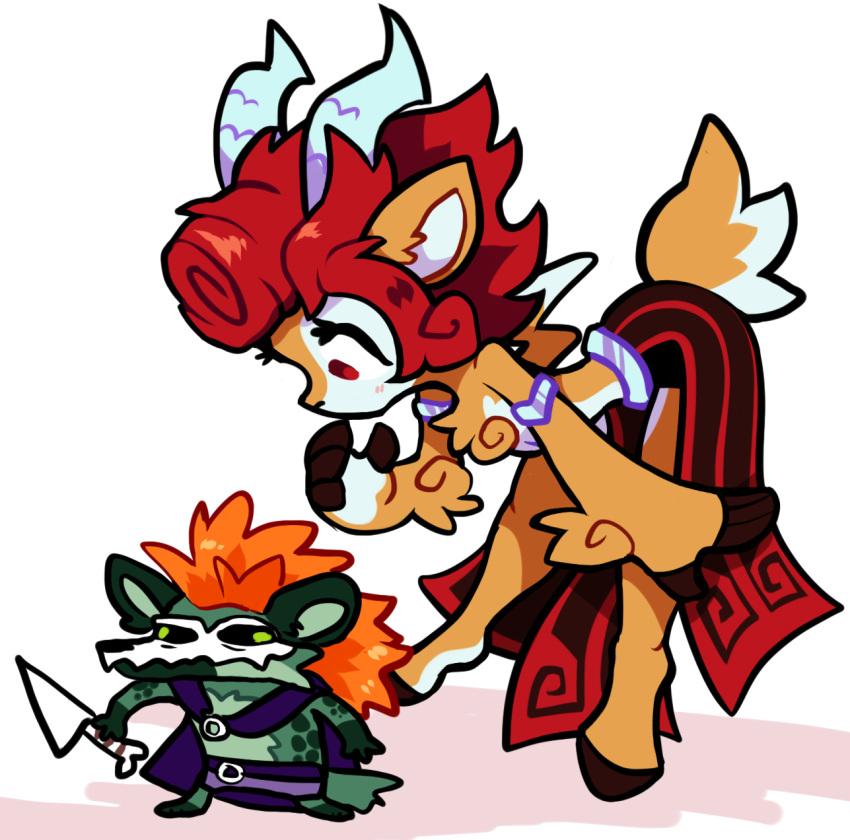1boy, 1girl, absa_(rivals_of_aether), animal_ears, arm_at_side, bent_over, cape, commentary, dagger, english_commentary, forsburn, from_side, full_body, furry, furry_female, furry_male, goat_ears, goat_girl, goat_horns, goat_tail, green_eyes, green_fur, highres, holding, holding_dagger, holding_knife, holding_weapon, horns, hyena_boy, knife, long_hair, looking_at_another, looking_down, mask, medium_hair, mini_person, miniboy, ohposhers, orange_fur, orange_hair, purple_cape, red_eyes, red_hair, rivals_of_aether, simple_background, size_difference, standing, tail, weapon, white_background