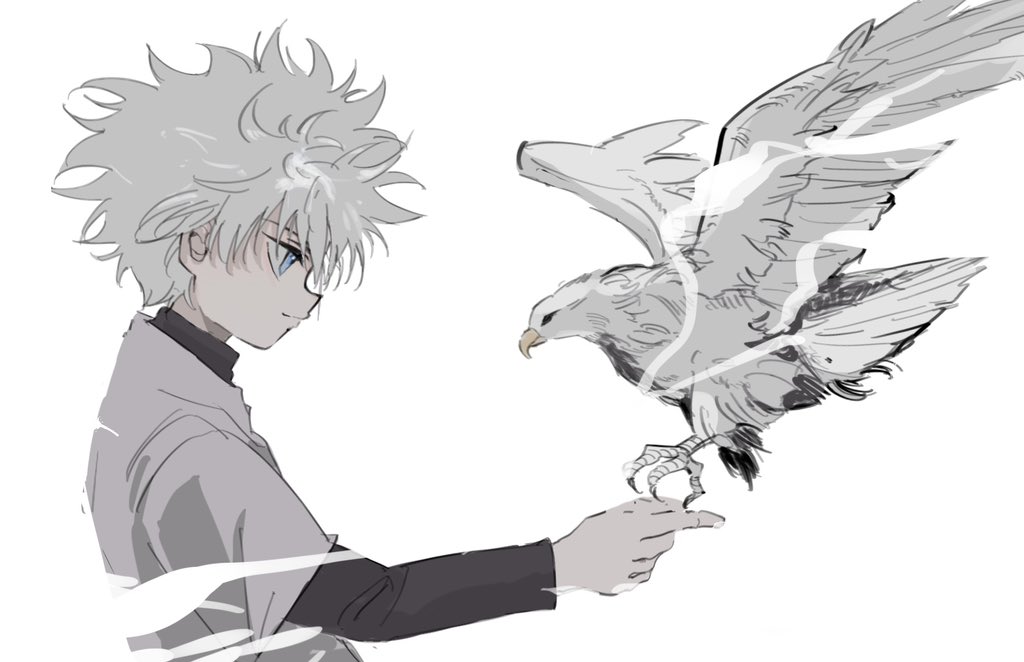 1boy, animal, bird, black_shirt, blue_eyes, closed_mouth, commentary, from_side