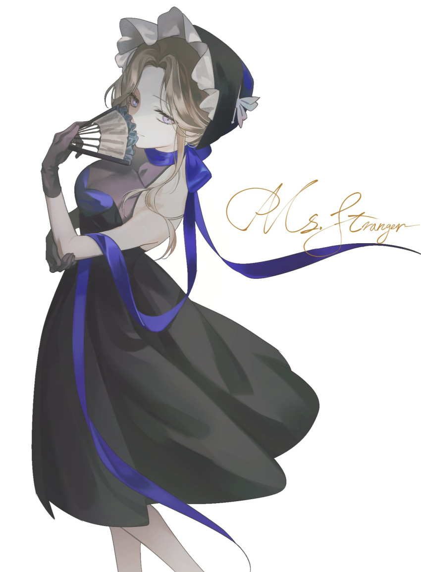 1girl, bare_shoulders, black_bonnet, black_dress, blue_eyes, bonnet, breasts, character_name, commentary, dress, english_commentary, fan_to_mouth, feet_out_of_frame, folding_fan, from_side, gloves, grey_gloves, grey_hair, hand_fan, hand_on_own_elbow, hand_up, highres, holding, holding_fan, idarong, looking_at_viewer, medium_breasts, medium_dress, ms._grace_(reverse:1999), reverse:1999, see-through_cleavage, see-through_clothes, short_hair, sleeveless, sleeveless_dress, smile, solo, white_background