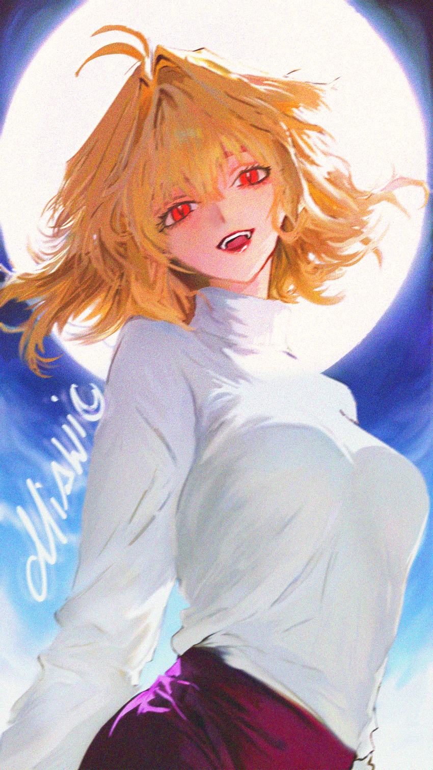 1girl, absurdres, arcueid_brunestud, arms_behind_back, blonde_hair, blue_sky, breasts, commentary