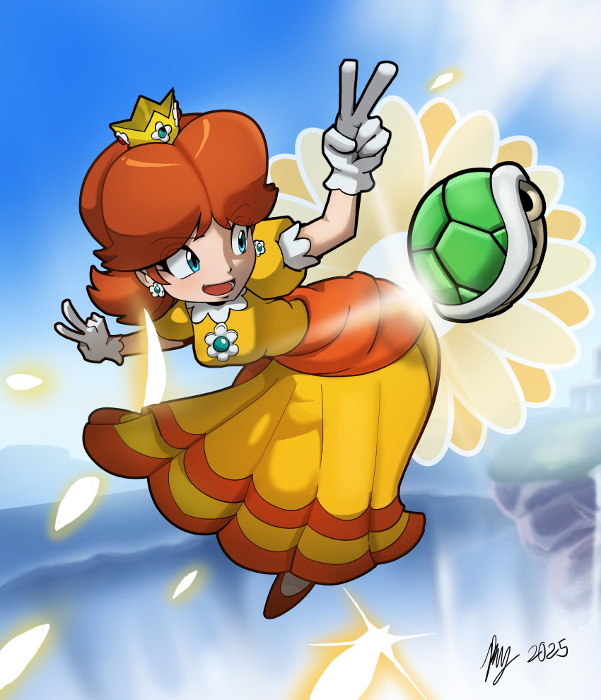 1girl, absurdres, blue_eyes, brown_hair, butt_bump, commentary, crown, dress, english_commentary, flower, green_shell_(mario), highres, open_mouth, princess, princess_daisy, rafael_andaya, super_mario_bros., yellow_dress