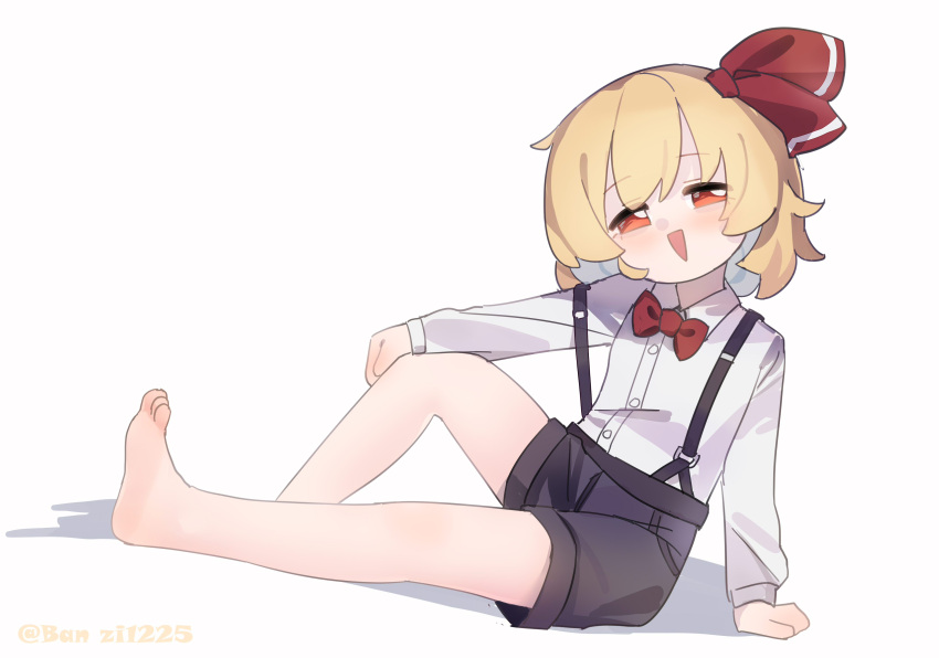 1girl, absurdres, barefoot, black_shorts, blonde_hair, bow, bowtie, collared_shirt, commentary_request, gumingdi_ban, hair_ribbon, highres, long_sleeves, looking_at_viewer, open_mouth, red_bow, red_bowtie, red_ribbon, ribbon, rumia, shadow, shirt, short_hair, shorts, simple_background, smile, solo, touhou, white_background, white_shirt