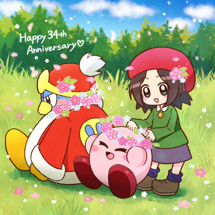 1girl, 2boys, adeleine, ado_(kirby), beret, blue_eyes, blush, clouds