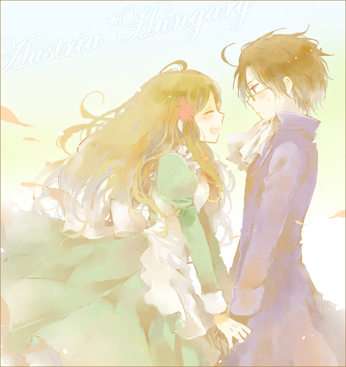 austria_(hetalia), axis_powers_hetalia, blush, brown_hair, closed_eyes, dress, eyes_closed, flower, glasses, hair_flower, hair_ornament, hand_holding, holding_hands, hungary_(hetalia), ia, ia_(namaiki), long_hair, open_mouth