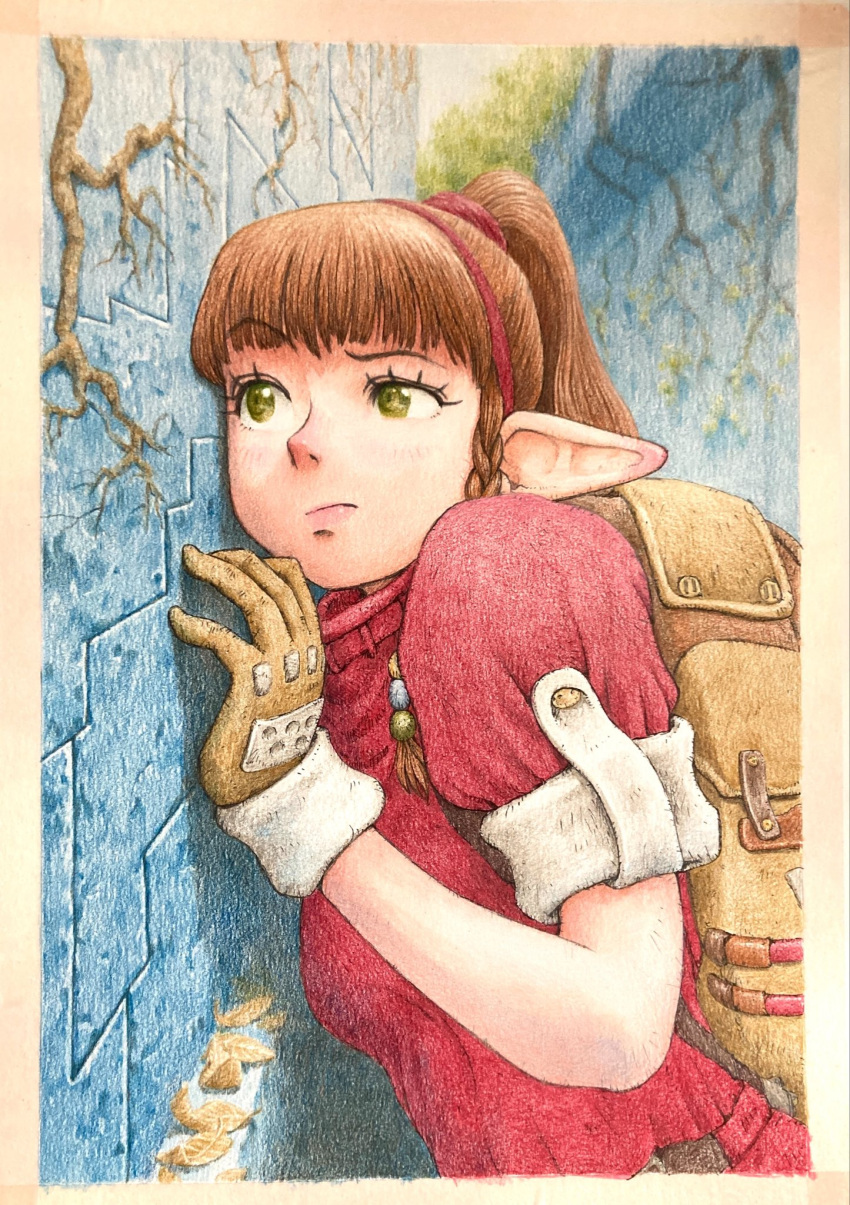 1girl, against_wall, backpack, bag, beads, border, braid, braided_sidelocks