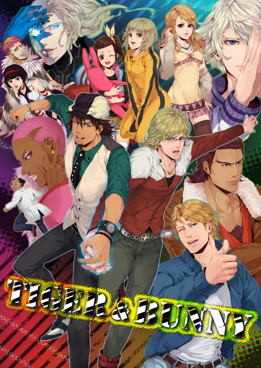 6+boys, absurdres, age_difference, antonio_lopez, bare_shoulders, barnaby_brooks_jr, belt, black_hair, blonde_hair, blue_eyes, blue_fire, blue_flame, bob_cut, boots, bowler_hat, braid, brown_eyes, brown_hair, brown_legwear, bruce_lee's_jumpsuit, bruce_lee's_jumpsuit, cabbie_hat, chest_hair, dark_skin, detached_sleeves, earrings, everyone, eyelashes, facial_hair, facial_mark, father_and_daughter, fire, fur_coat, glasses, glowing, glowing_eyes, goatee, green_eyes, hair_ornament, hairband, hairclip, hand_holding, hat, headband, heterochromia, highres, holding_hands, huang_baoling, ivan_karelin, jacket, jake_martinez, jeans, jewelry, kaburagi_kaede, kaburagi_t_kotetsu, karina_lyle, keith_goodman, kriem, labcoat, letterman_jacket, lipstick, long_hair, lunatic_(tiger_&amp;_bunny), makeup, male, mask, multicolored_hair, multiple_boys, multiple_girls, nail_polish, nathan_seymour, necklace, necktie, orange_hair, pale_skin, pink_hair, purple_eyes, purple_jacket, red_jacket, ryu56, saitou_(tiger_&amp;_bunny), short_hair, side_ponytail, silver_hair, stubble, studded_belt, stuffed_animal, stuffed_bunny, stuffed_toy, superhero, surprised, tattoo, thigh-highs, thighhighs, thumbs_up, tiger_&amp;_bunny, two-tone_hair, v-neck, vest, violet_eyes, waistcoat, wink, yuri_petrov, zettai_ryouiki