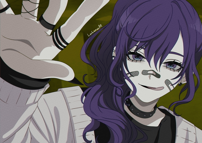 1girl, absurdres, artist_name, asahina_mafuyu, backrooms_(creepypasta), bandaid, bandaid_on_cheek, bandaid_on_face, bandaid_on_nose, black_choker, black_nails, black_shirt, cardigan, choker, commentary, ear_piercing, eyelashes, fingernails, hair_between_eyes, hair_over_shoulder, high_ponytail, highres, jewelry, licking_lips, long_fingernails, long_hair, long_sleeves, looking_at_viewer, multiple_rings, nail_polish, nihil-san_(vocaloid), open_cardigan, open_clothes, piercing, ponytail, pov, project_sekai, purple_hair, reaching, reaching_towards_viewer, ring, sharp_fingernails, shirt, sidelocks, smile, solo, tempusumbra, tongue, tongue_out, tsurime, upper_body, violet_eyes, white_cardigan