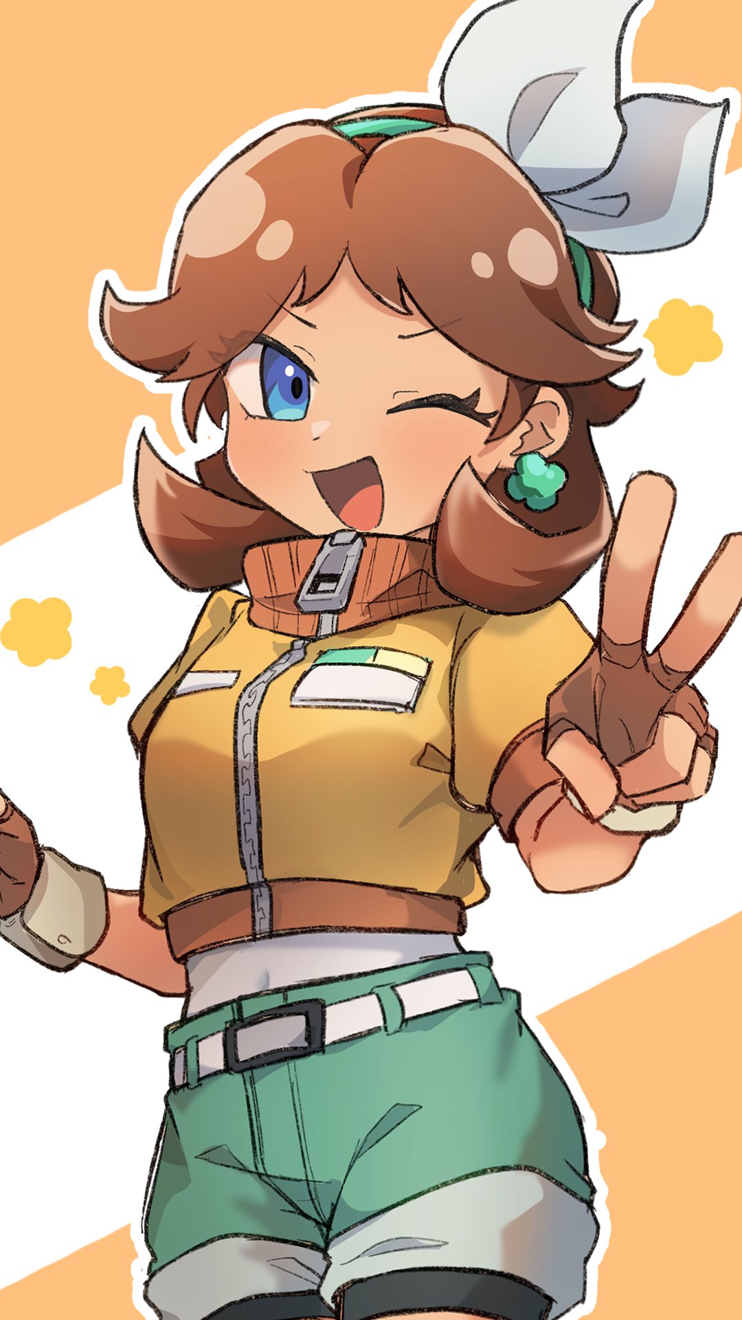 1girl, :d, ;d, aqua_hairband, aqua_shorts, bike_shorts, bike_shorts_under_shorts, blue_eyes
