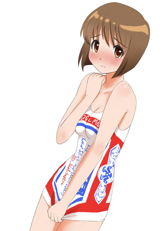 brown_eyes, brown_hair, budweiser, dress, dress_pull, face, ginjyasei, hagiwara_yukiho