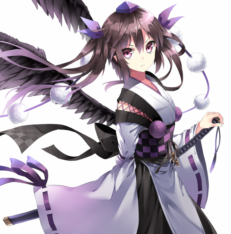alternate_costume, black_wings, bon, bow, brown_hair, checkered, hair_bow, hat