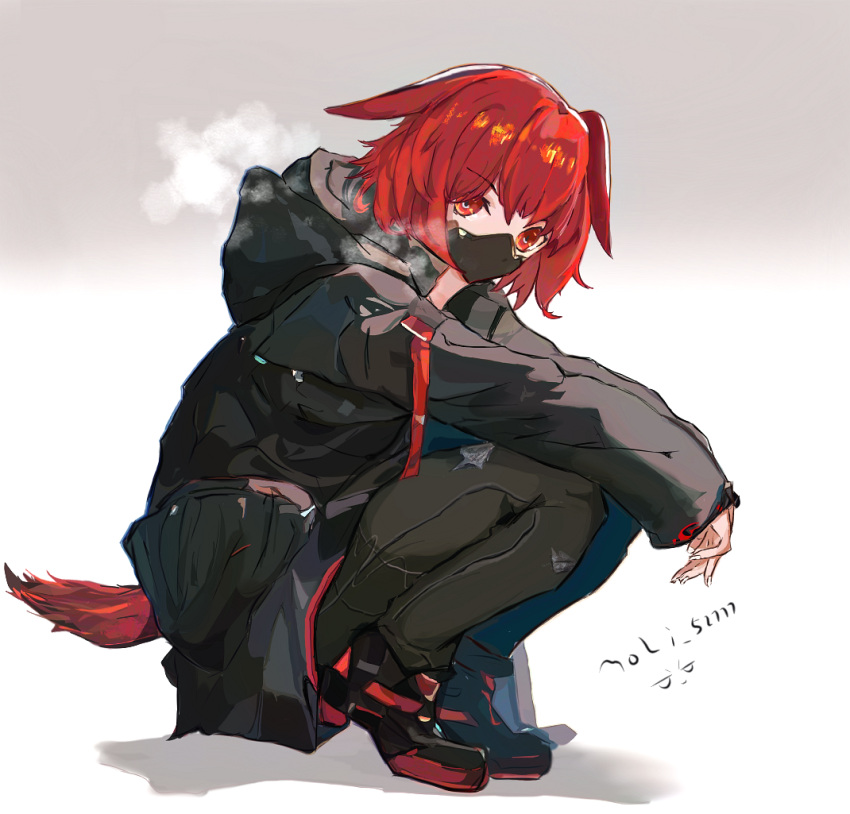 1girl, arknights, black_jacket, black_mask, commentary_request, crownslayer_(arknights), full_body, hood